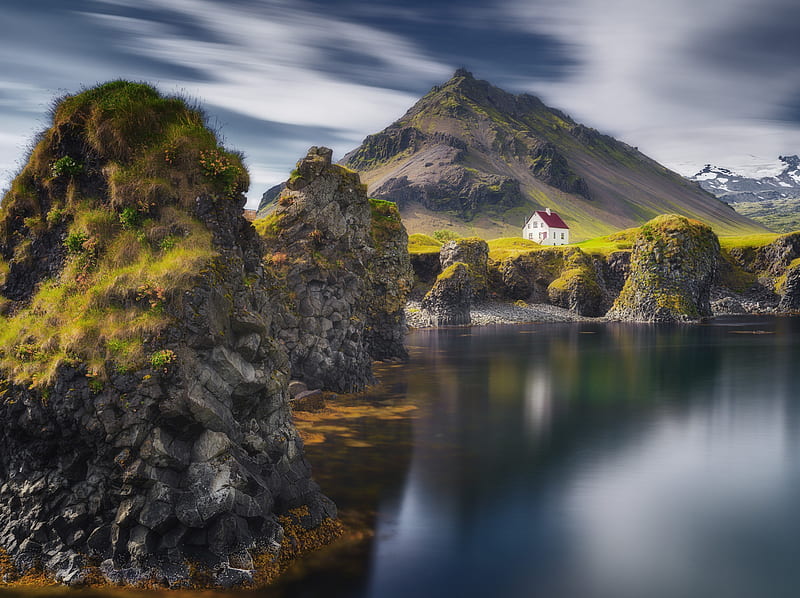 graphy, Landscape, House, Iceland, Mountain, Nature, Rock, Sea, HD wallpaper
