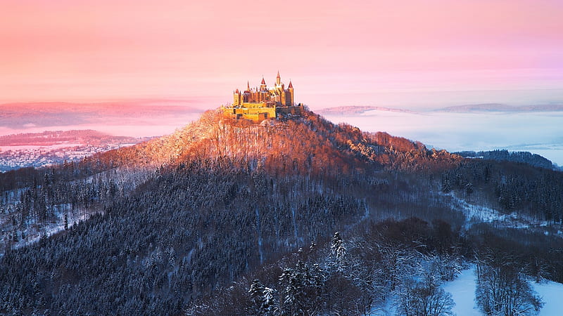 hilltop hohenzollern castle germany in winter, sunshine, trees, castle, hill, winter, HD wallpaper