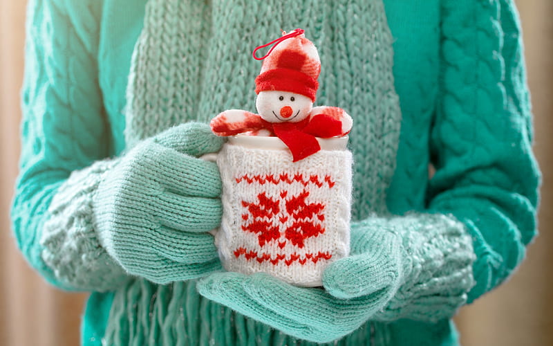 Christmas, snowman, plush toy, New Year, mug in hand, winter, green sweater, HD wallpaper