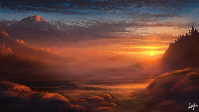 A Silent Dawn, sunset, nature, artist, artwork, digital-art, , fog, landscape, HD wallpaper