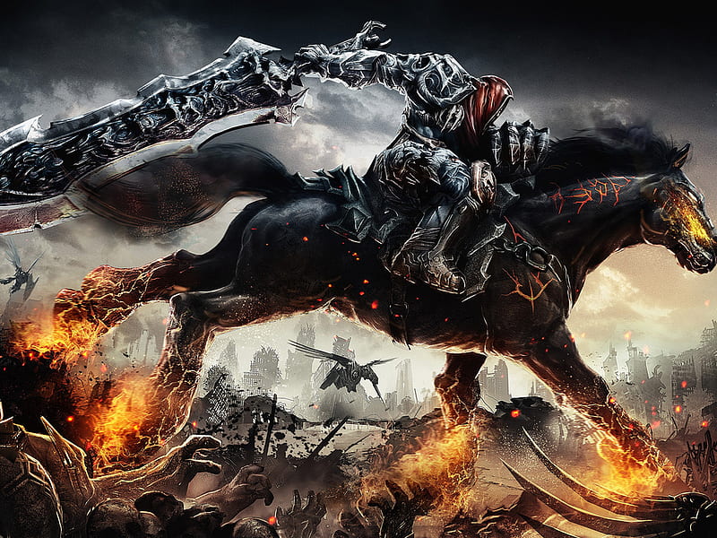 headless rider, destruction, flames, horse, smoke, night, HD wallpaper