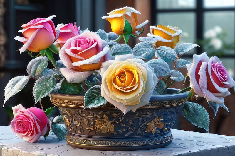 Frost covered roses, pot, roses, beautiful, buds, fragrance, room, table, cozy, still life, petals, leaves, home, flowers, scent, frost, floral, winter, HD wallpaper