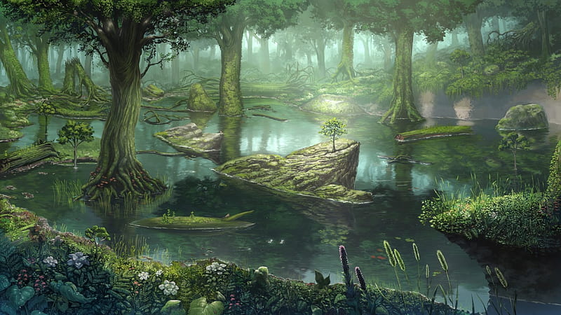 The beginning of a new life, Water, Forest, Trees, Grass, Flowers, Swamp, HD wallpaper