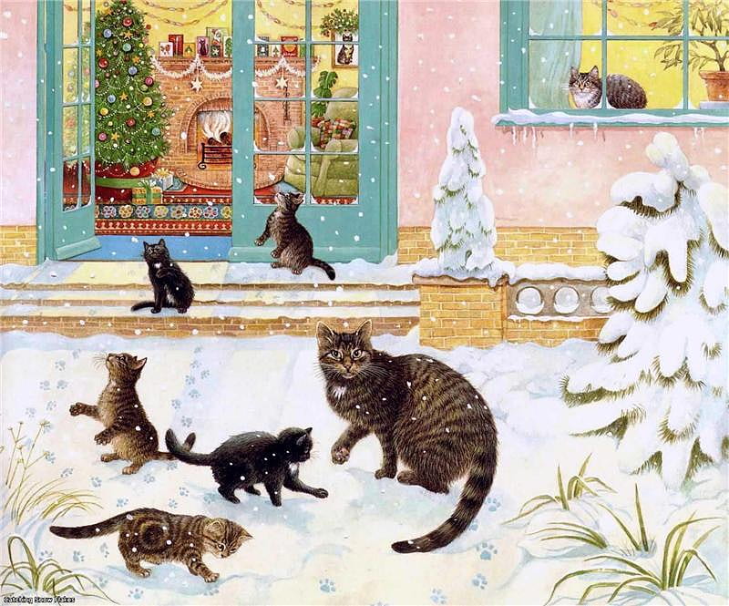 Winter cat family, art, snow, painting, cat, kitten, winter, HD wallpaper
