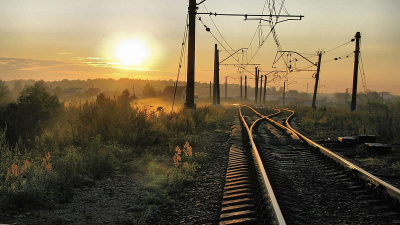 train tracks at sunset, trains, town, sunset, electric lines, tracks, HD wallpaper