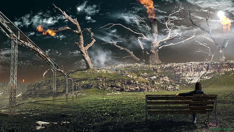 Fantasy, Landscape, Bench, Fire, Smoke, Tree, Viaduct, Woman, HD wallpaper