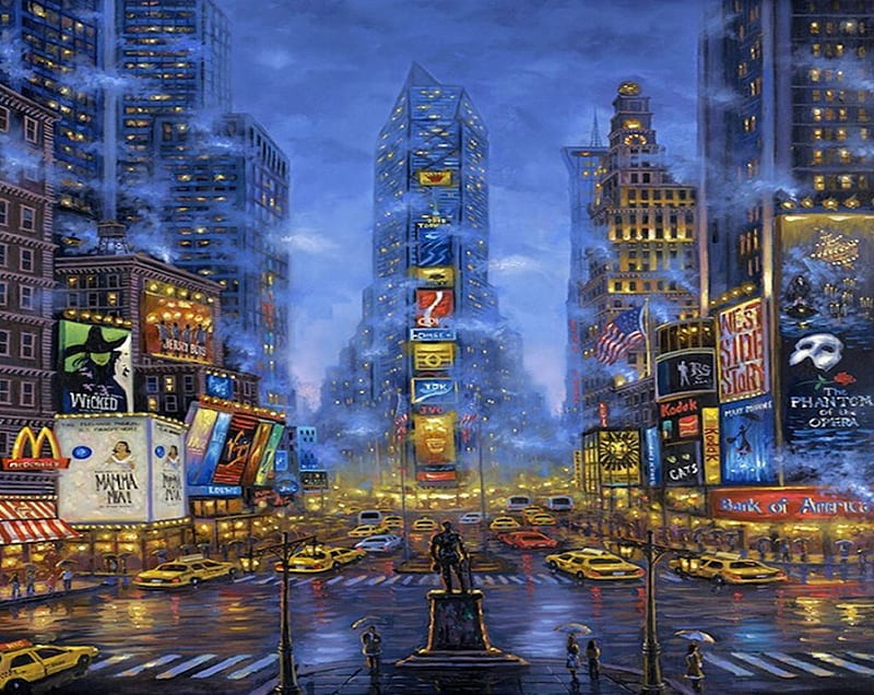 Give my Regards to Broadway, skyscraper, carros, new york, city, painting, street, artwork, HD wallpaper