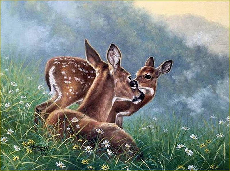 Deers, brown, green, caprioara, painting, abraham hunter, deer, art, animal, cute, pictura, HD wallpaper