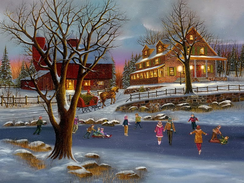 Heartland Christmas, skate, eve, painting, village, heartland, evening, kids, frost, holiday, christmas, houses, fun, joy, winter, lake, santa, snow, aty, HD wallpaper