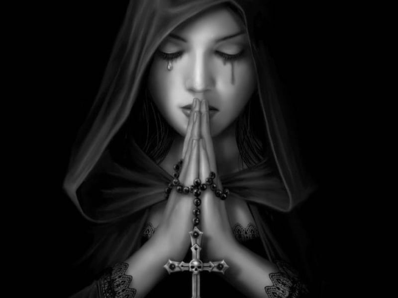 GOTHIC PRAYER, female, gothic, tears, prayer, cross, HD wallpaper