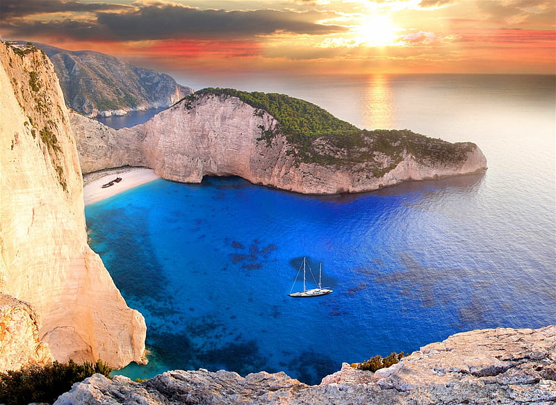 Navagio beach, Zakynthos, Greece, sunset, sky, sea, mediterranean, cliffs, clouds, HD wallpaper