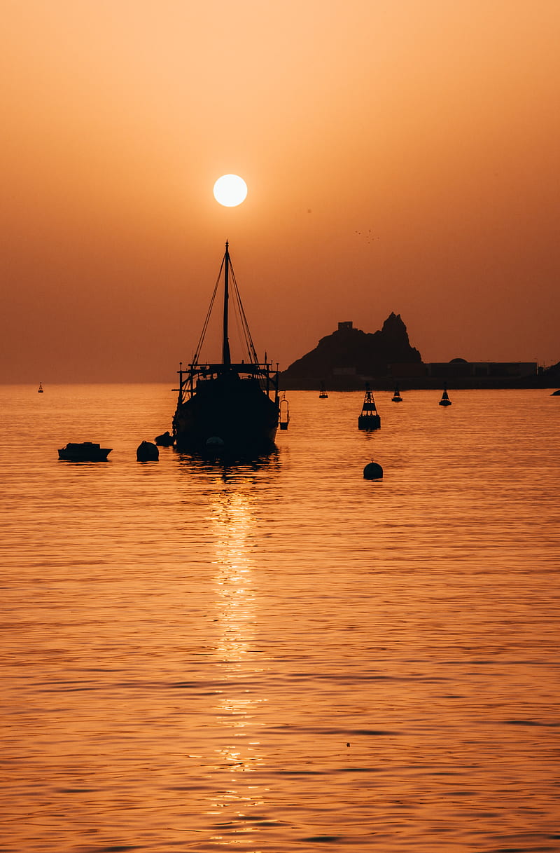 ship, sunset, glare, silhouette, sea, HD phone wallpaper