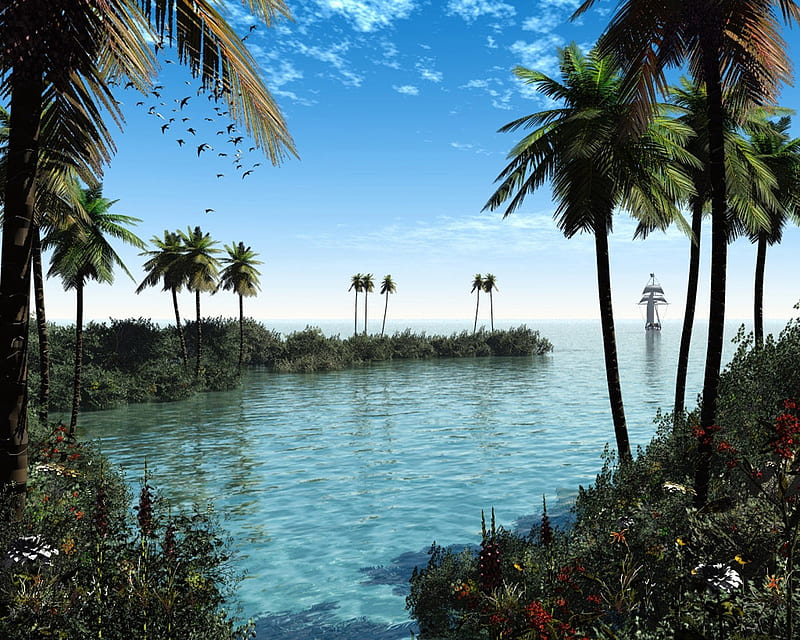 CG Paradise, birds, fronds, sky, clouds, palm trees, fantasy, water, ship, flowers, HD wallpaper