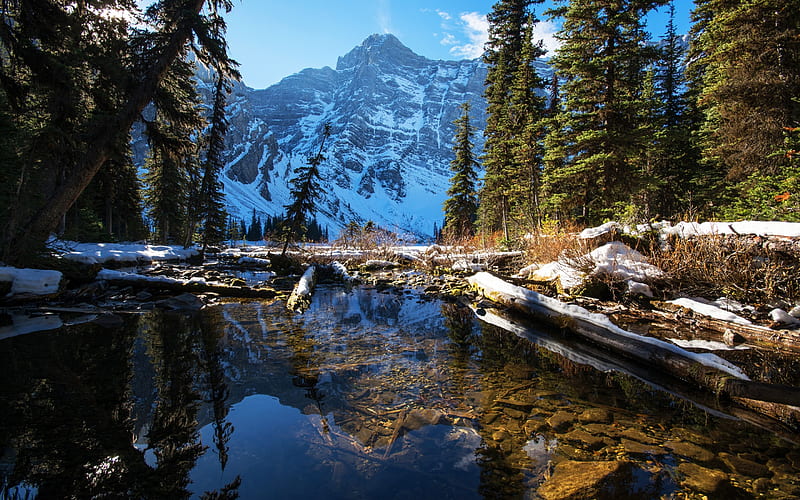 Spring, mountain landscape, snow, lake, Alberta, Banff National Park ...
