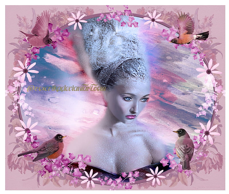 ✰.Sweet Pink in Spring.✰, pretty, adorable, women, sweet, fantasy, flutter, love, bright, flowers, face, wings, lovely, birds, lips, cute, cool, flying, eyes, Aquarelle, colorful, bloom, manipulation, frame, charm, bonito, digital art, hair, people, girls, pink, animals, female, colors, HD wallpaper