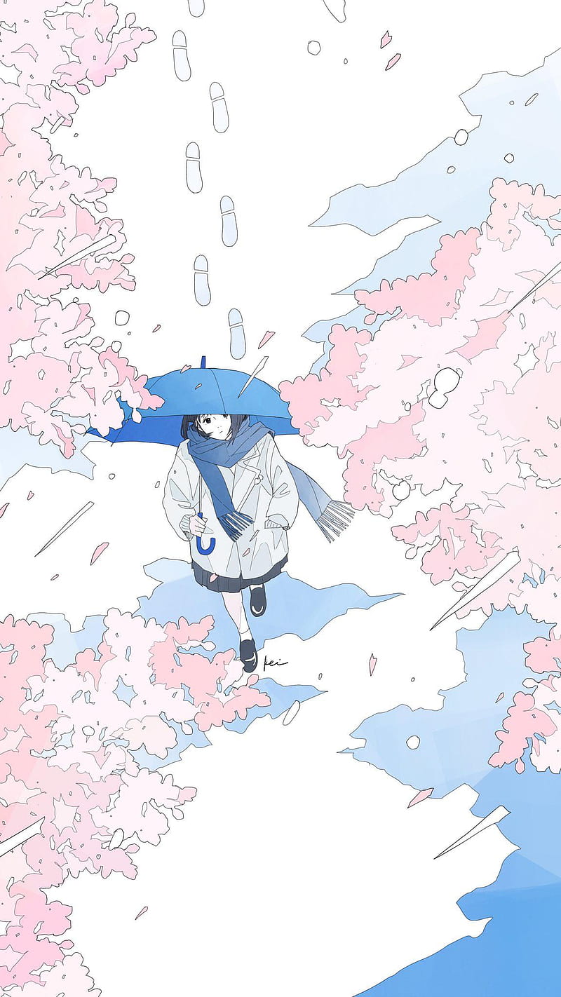 anime girls, umbrella, white background, cherry trees, pastel, scarf, HD phone wallpaper