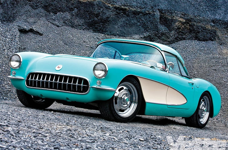 1956-Chevy-Corvette, Classic, Aqua, GM, Bowtie, HD wallpaper