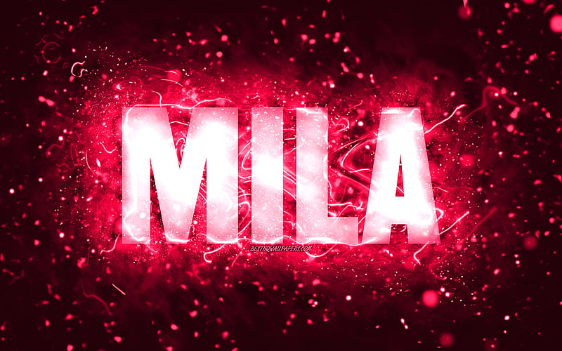 Happy Birtay Mila pink neon lights, Mila name, creative, Mila Happy Birtay, Mila Birtay, popular american female names, with Mila name, Mila, HD wallpaper