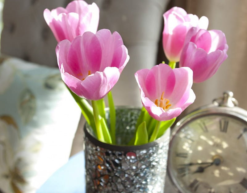 Wake up and have a lovely morning, little, lovely, sunny, clock, spring, amall, wake up, happy, crystal vase, entertainment, pale pink, tulips, morning, fashion, gorgeous, HD wallpaper