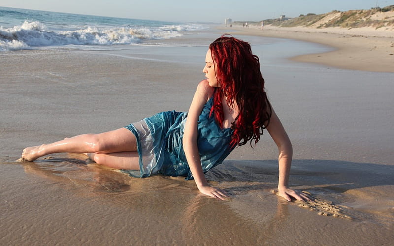 Sea, beach, sand, profile, girl, pose, red hair, waves, HD wallpaper