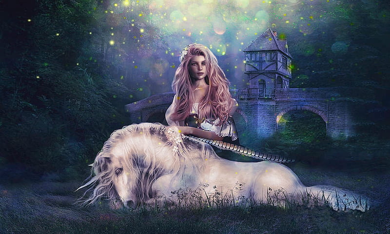 A Unicorn And a Lady, Fantazy, lady, mystical, dreamy, unicorn, Magical, HD wallpaper