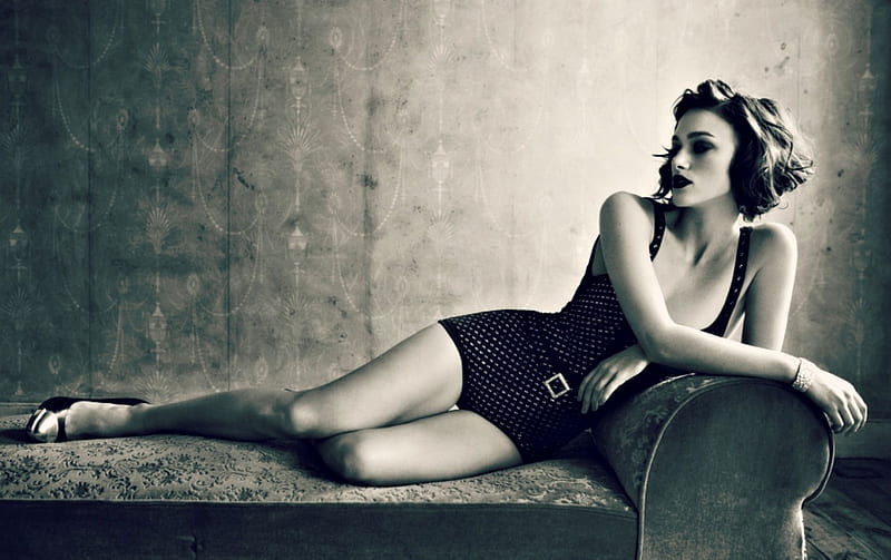 Keira Knightley, swimsuit, black, woman, retro, girl, actress, white, vintage, HD wallpaper