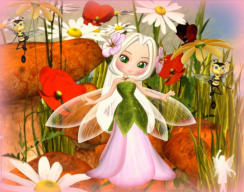'Glenda Fairy', pretty, attractions in dreams, most ed, digital art, Glenda Fairy, fantasy, 3D, manipulation, fairies, flowers, model female, wings, lovely, love four seasons, creative pre-made, trees, abstract, bees, fantasy aficionados, plants, weird things people wear, backgrounds, HD wallpaper