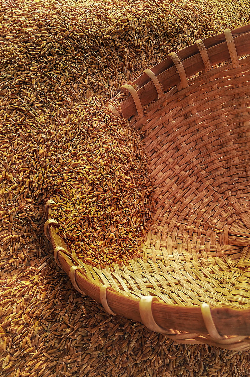 wicker basket on rice grains, HD phone wallpaper