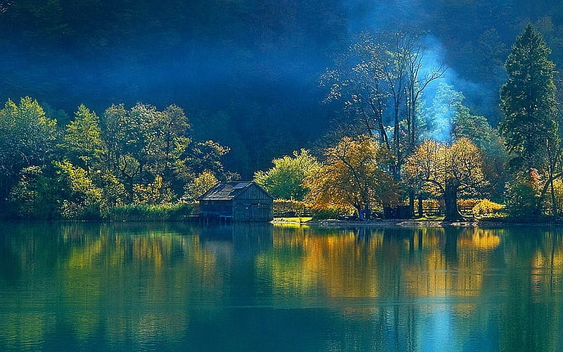 Tranquility, shack, woods, yellow, cabin, graphy, gold, green, blue, forest, trees, shelter, lake, water, tranquil, serene, peaceful, nature, HD wallpaper