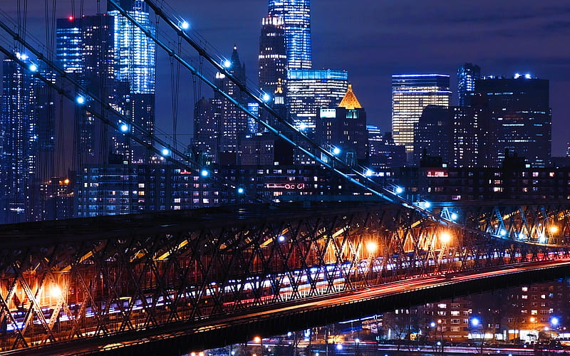 Williamsburg nightscapes, bridge, New York, USA, America, HD wallpaper