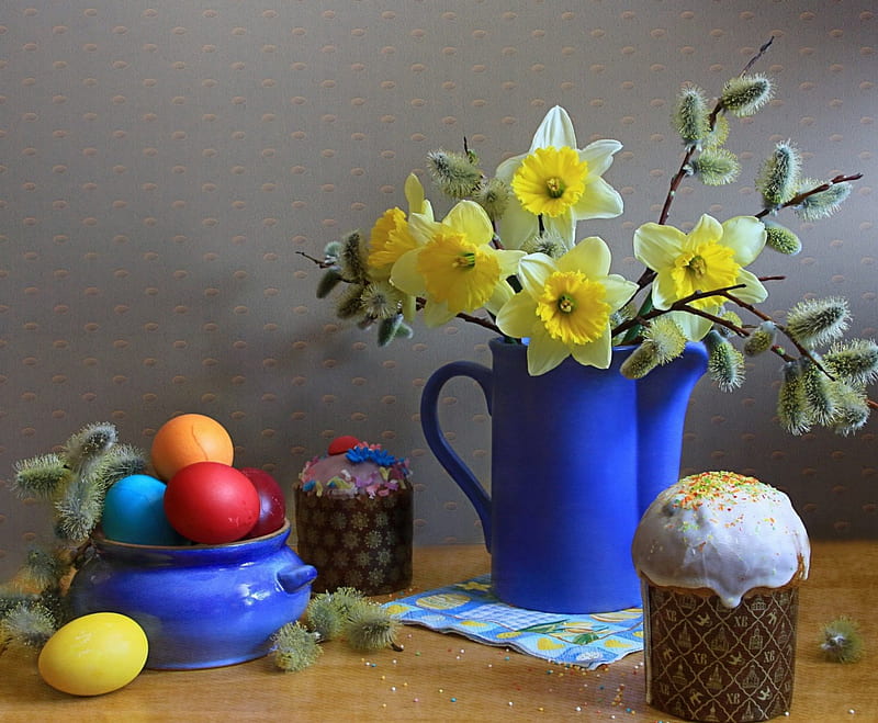 Easter Still Life, Easter, still life, Easter eggs, daffodils, eggs, pitcher, Spring, cakes, HD wallpaper