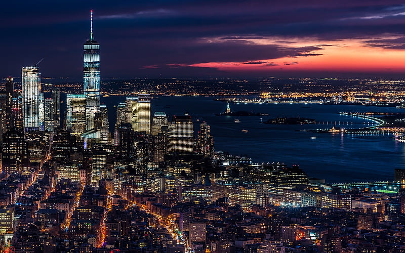 New York, darkness, panorama, skyscrapers, USA, NYC, America, HD wallpaper