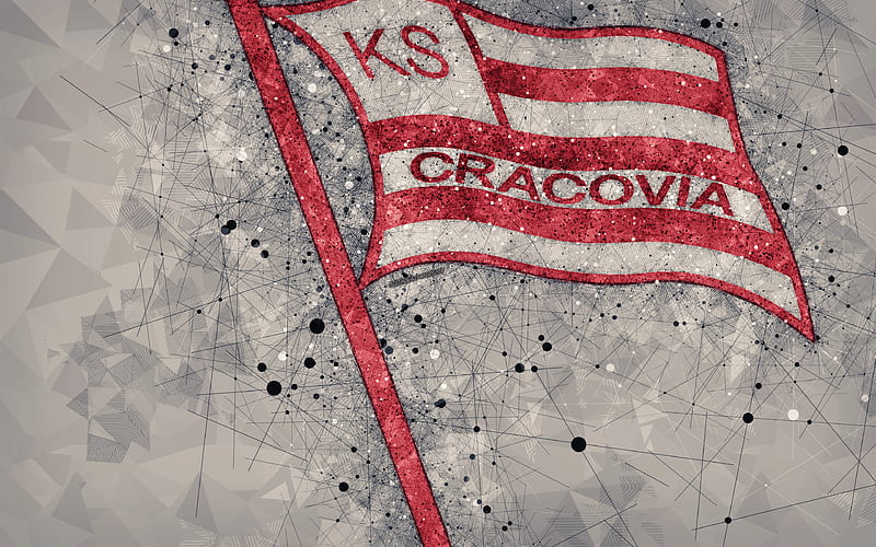 KS Cracovia geometric art, logo, red abstract background, Polish football club, Ekstraklasa, Krakow, Poland, football, creative art, Cracovia FC, HD wallpaper