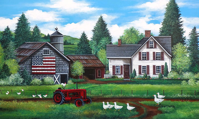 Life on a Farm, tractor, house, Farm, rural, ducks, Chickens, HD wallpaper