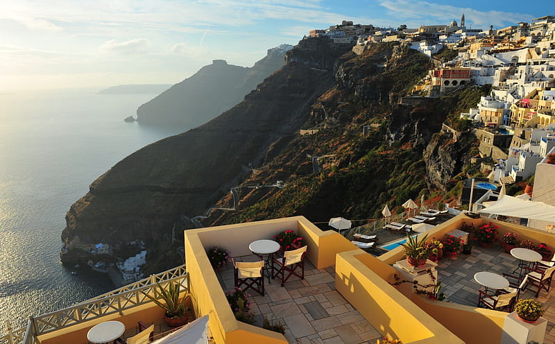 Beautiful Santorini, house, view, mountains, santorini, bonito, sky, blue, HD wallpaper