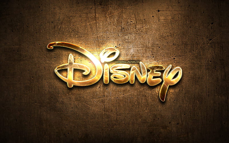 Disney golden logo, artwork, brown metal background, creative, Disney logo, brands, Disney, HD wallpaper