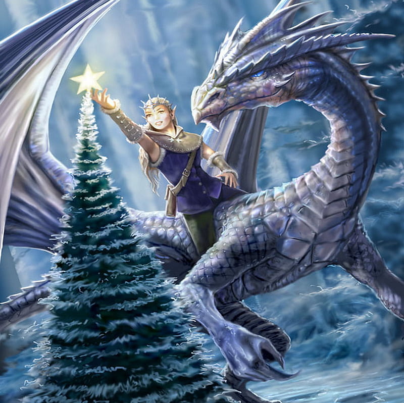 Christmas time, forest, christmas, elf, abstract, dragon, winter, fantasy, girl, beauty, star, HD wallpaper
