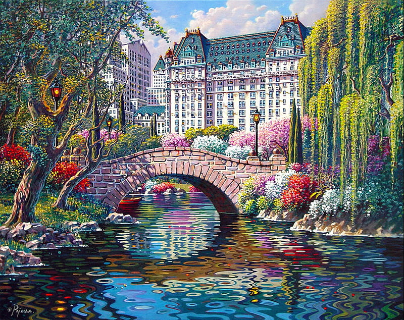 Springtime in New York, pretty, bonito, nice, willow, bridge, painting, flowers, river, america, lovely, springtime, spring, trees, building, New York, water, summer, HD wallpaper