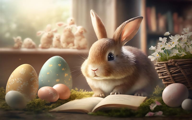 Happy Easter!, eggs, ai art, bunny, basket, book, easter, flowers, HD wallpaper