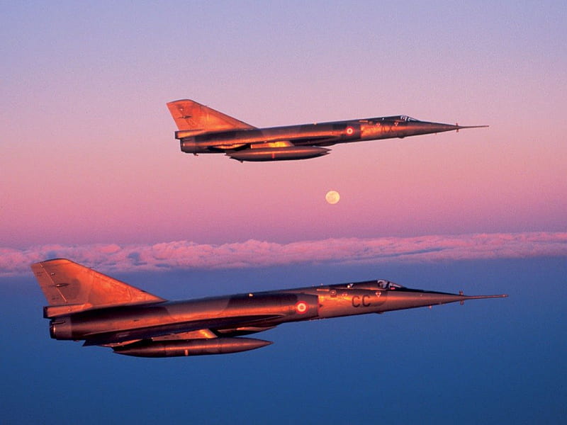Mirage IV s at Twilight, armee de l-air, france, mirage iv, jet, strategic bomber, HD wallpaper