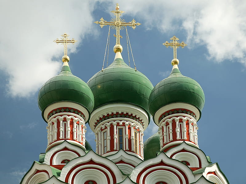 Church of the Trinity, moscow, domes, religion, gold, green, baroque, russia, crosses, russian, cross, soviet union, HD wallpaper