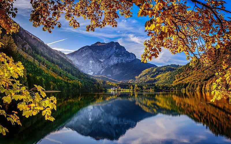 Autumn in Alps, fall, autumn, view, beautiful, serenity, lake, mountain, tranquility, reflection, branches, HD wallpaper