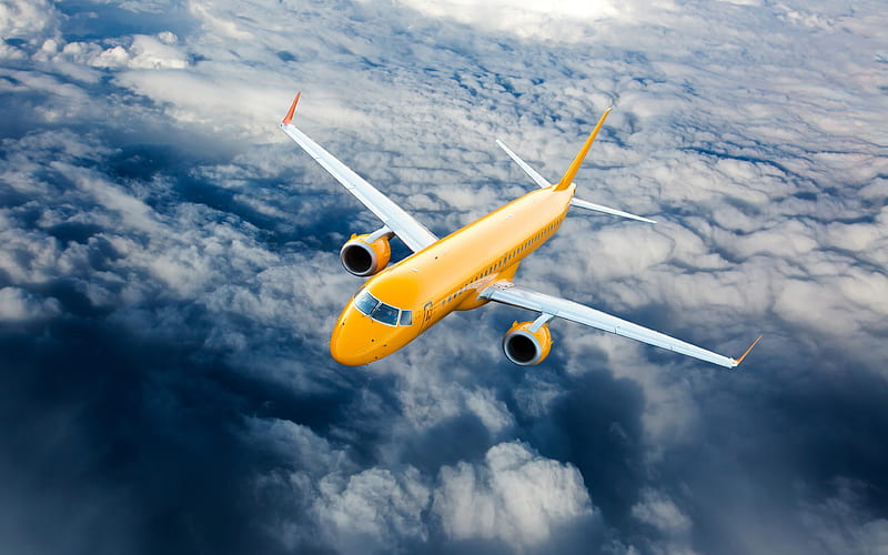 yellow plane, sky, clouds, private jet, flying plane, HD wallpaper