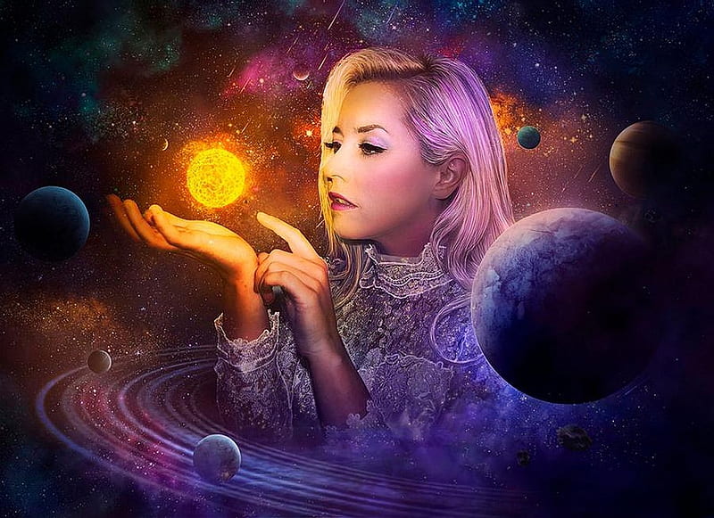 Play with Planets, planets, woman, girl, light, HD wallpaper