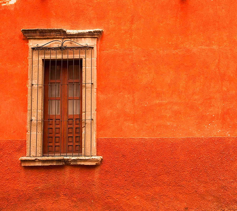 Orange house, wall, rail, orange, door, HD wallpaper