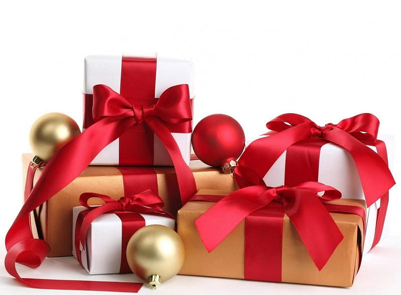 Christmas Gifts, red, ribbon, boxes, gifts, HD wallpaper
