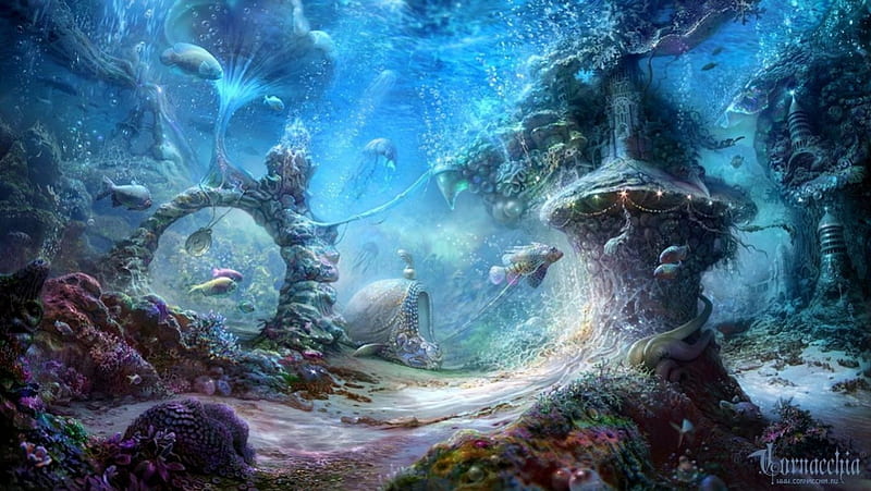 Under Water, corals, metal, stones, wreck parts, fish, artwork, HD wallpaper