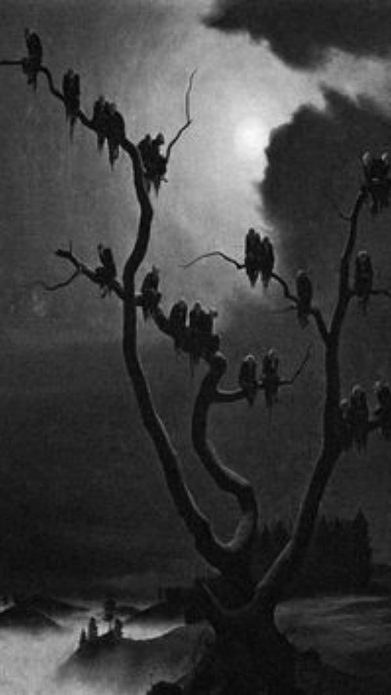 Ghosts in trees 1933, black and white, dark, darkart, drawing, eerie, ghost, halloween, halloween , horror, spooky, HD phone wallpaper