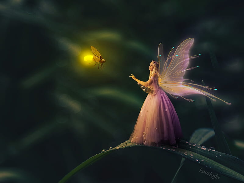 Firefly, kelvin koosh, fairy, frumusete, luminos, cute, fantasy, tiny, girl, dark, light, night, HD wallpaper