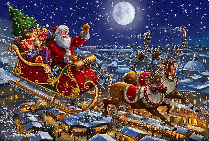 Santa sleigh and reindeers in sky, reindeers, sky, eve, night, art, sleigh, christmas, winter, santa, moon, snow, village, HD wallpaper